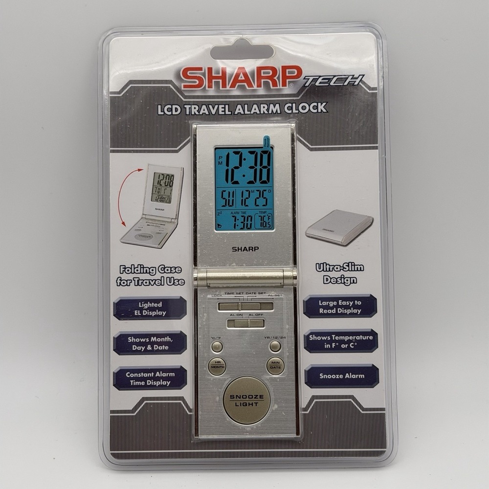 Sharp Tech LCD Ultra Slim Folding Travel Alarm Clock SPC430 Silver Digital NEW